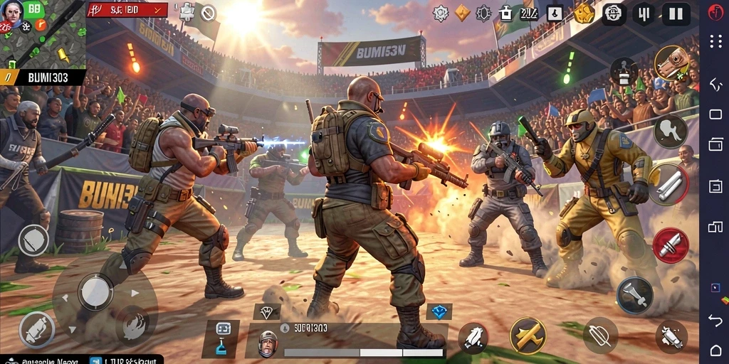 Screenshot BUMI303 menampilkan pertempuran intens dalam Battle Royale.