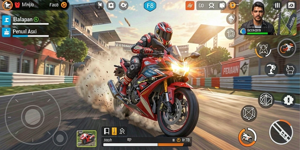 Gameplay seru FO8 yang menampilkan balapan motor cepat.