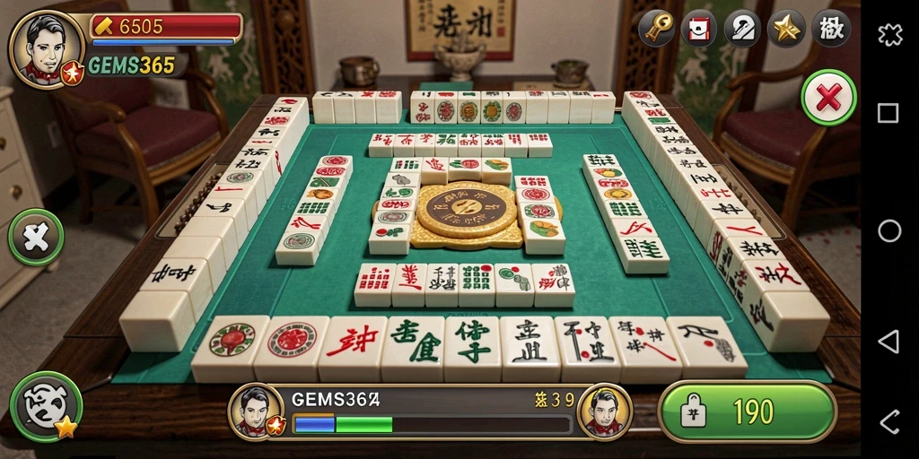 Screenshot gameplay seru GEMS365 menampilkan Mahjong yang penuh warna dan menantang.