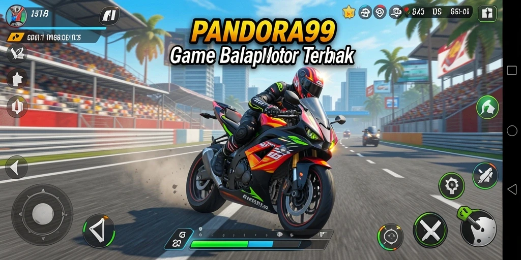 Screenshot gameplay PANDORA99 menampilkan balapan motor yang seru.