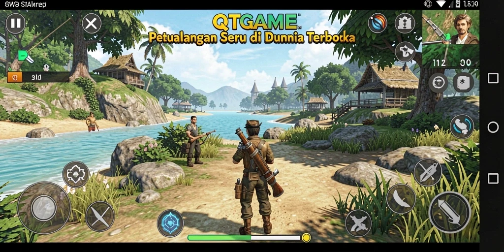 Screenshot gameplay Open World QTGAME menampilkan eksplorasi dunia yang luas.
