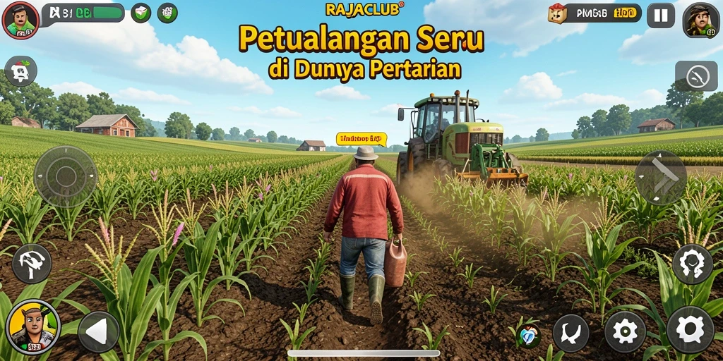 Screenshot dari gameplay <strong>RAJACLUB</strong> menunjukkan ladang yang subur dan aktivitas pertanian seru.