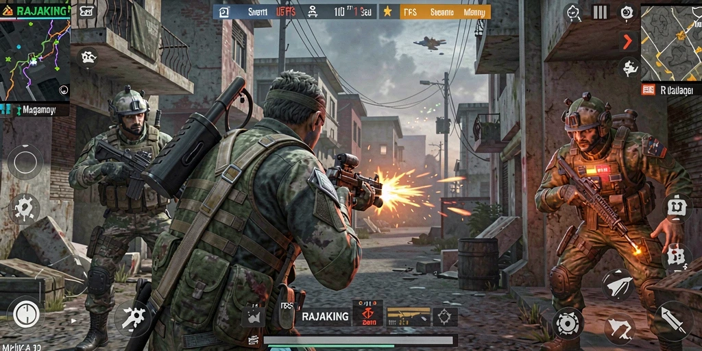 Tampilan gameplay RAJAKING yang mendebarkan saat pertempuran FPS.