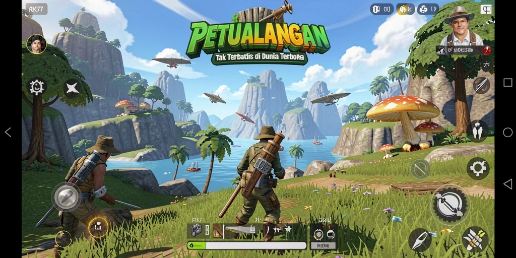 Screenshot RK77 menunjukkan pemain menjelajahi lanskap yang luas dan indah.