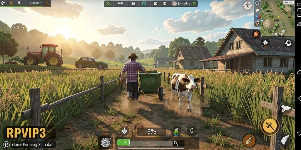 Screenshot gameplay RPVIP3 yang menunjukkan aktivitas bertani yang seru.