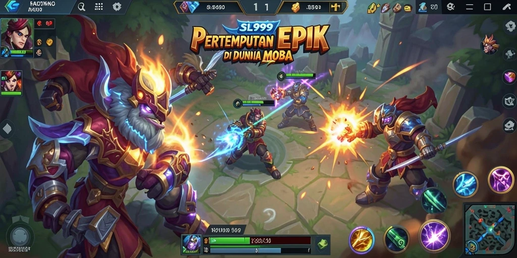 Screenshot utama SL999 menampilkan aksi pertempuran seru di arena MOBA.