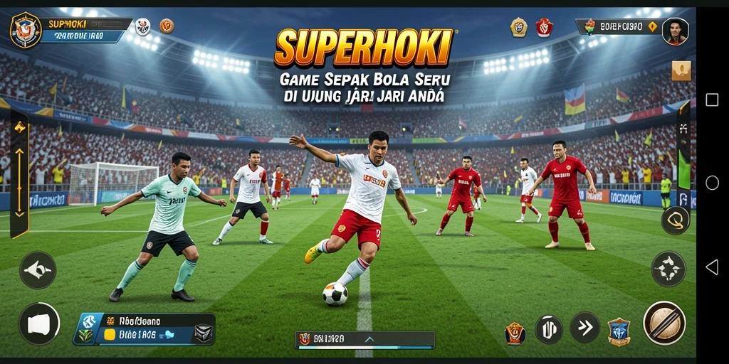 Screenshot utama SUPERHOKI menunjukkan aksi permainan sepak bola yang mendebarkan.