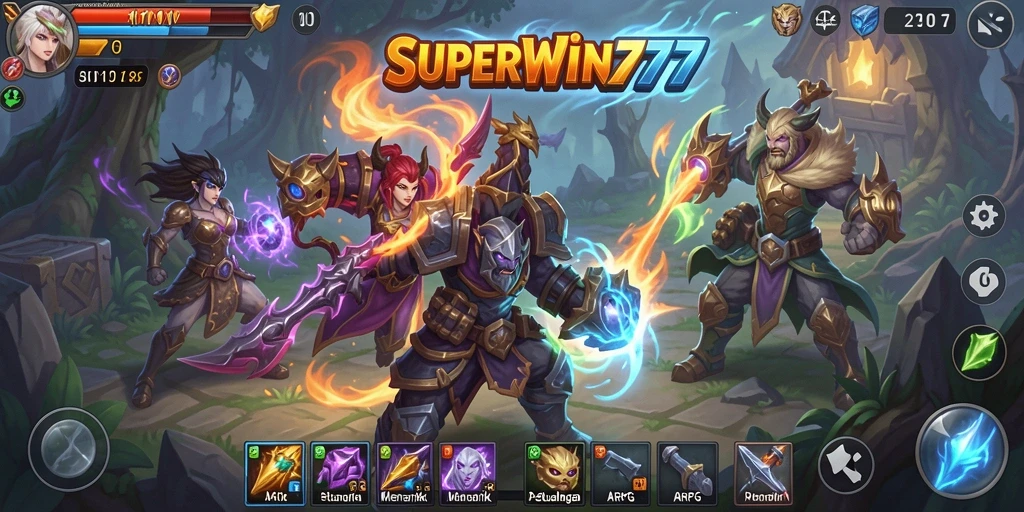 Screenshot utama SUPERWIN777 menampilkan pertarungan seru di dunia fantasi.