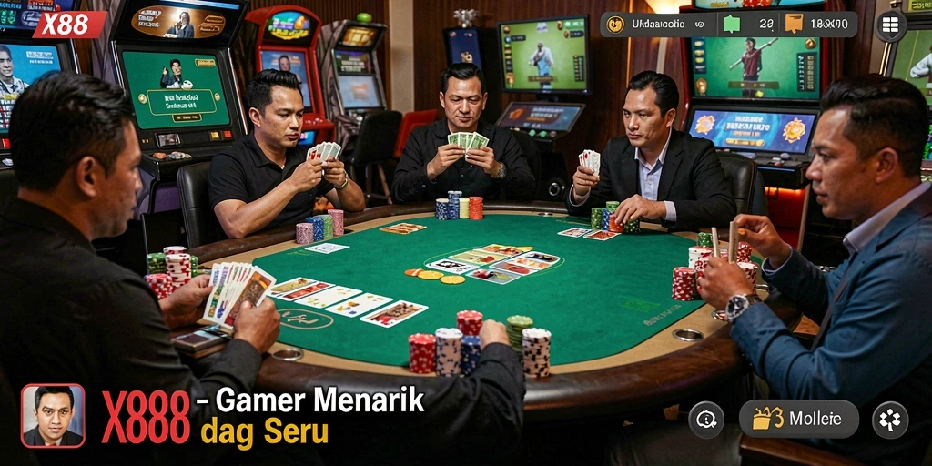 Screenshot X88 menampilkan gameplay yang seru dan interaktif di meja poker.